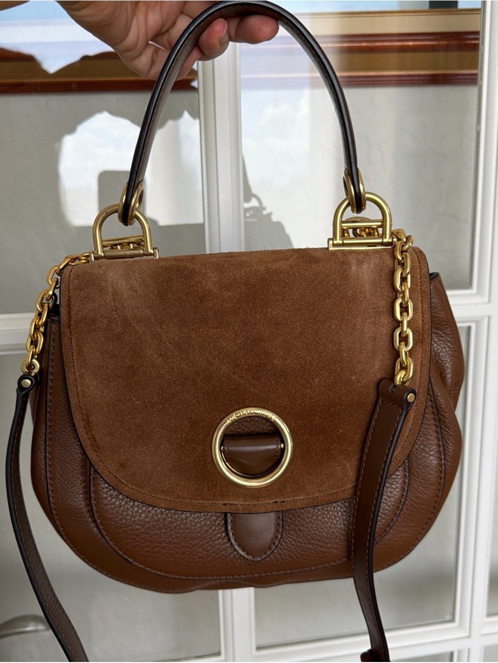 Michael Kors Isidore Caramel Suede & Leather Crossbody Bag with Gold Hardware